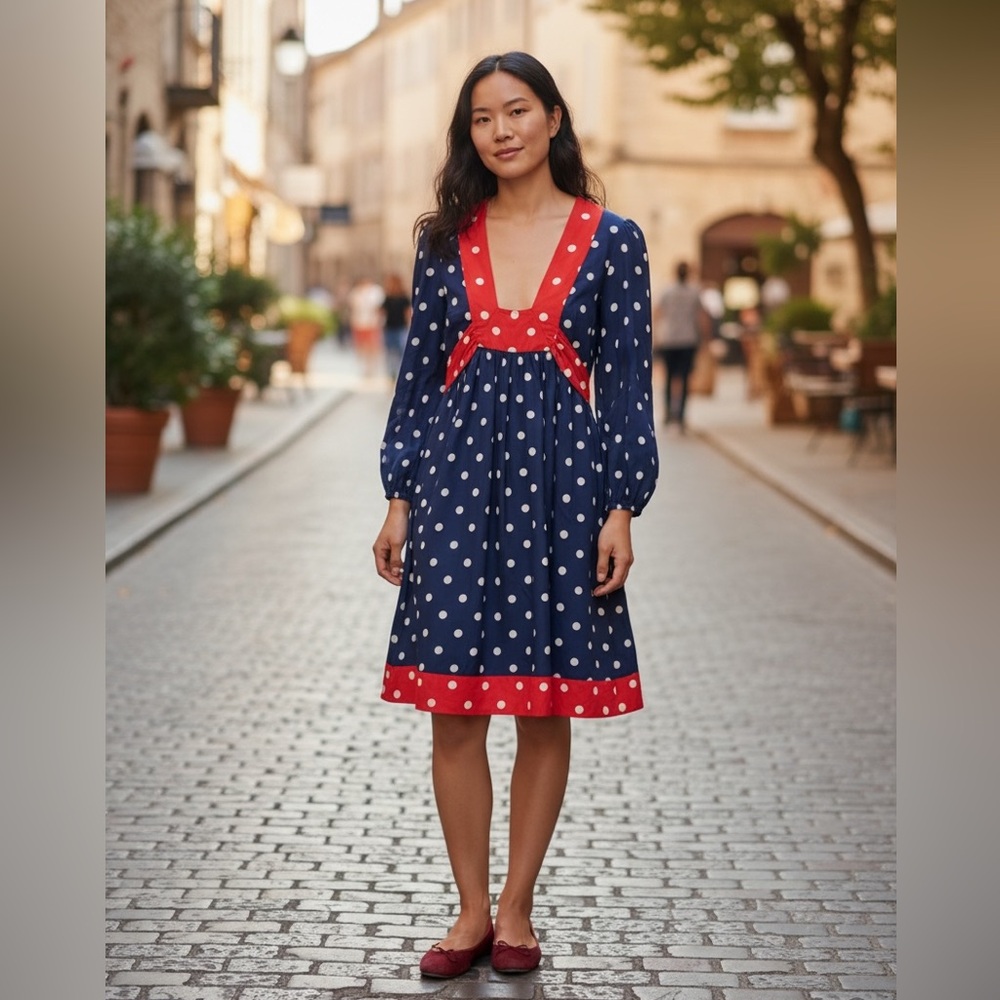 Anna Sui Vintage-Style Red White Blue Silk Polka Dot Dress Women’s 6